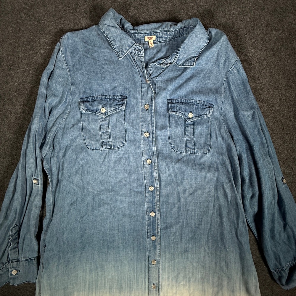 REBA Womens Tencil Denim Ombre Button Down Shirt Dress Frayed Hem Size XL - Picture 2 of 13